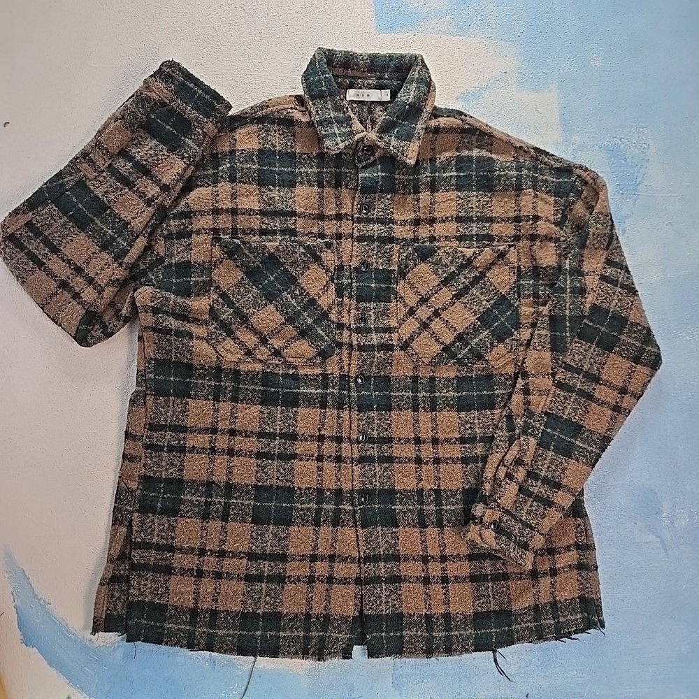 MNML Plaid Flannel Shirt Jacket Brown Green Men Size M Long Sleeve Button Up Hvy